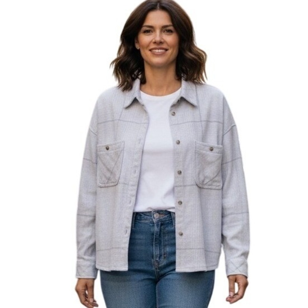 Thread & Supply Plaid Shacket Women‎ Lrg Grey White Windowpane Button Up Flannel